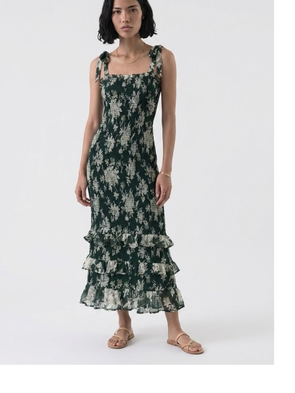 Abercrombie & FitchDark Green Floral Tie-Shoulder Ruffle Maxi Dress